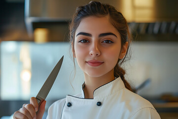 Confident young female chef in a professional kitchen, ready to create culinary masterpieces