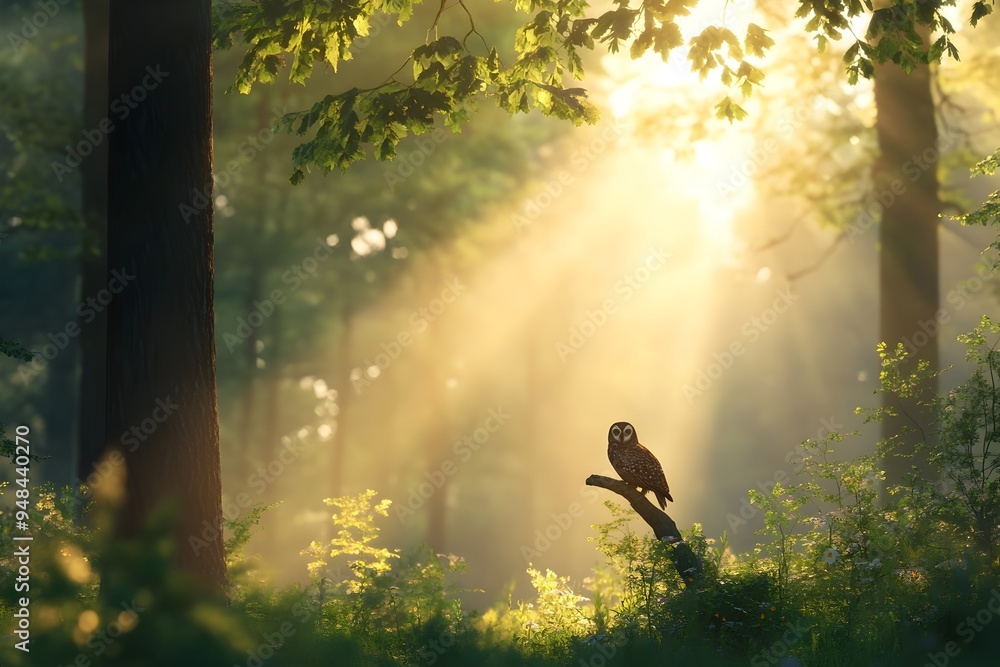 Poster serene forest glade at dawn with a wise old owl perched on a branch gazing thoughtfully into the dis