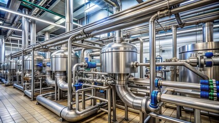 Industrial stainless steel valves and pipes in a food processing plant, ensuring sanitary and efficient flow of ingredients and products during manufacturing operations.