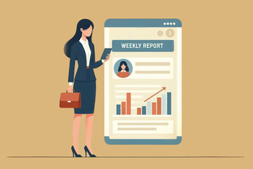 Illustration of a career woman sending a weekly report via cell phone from the office