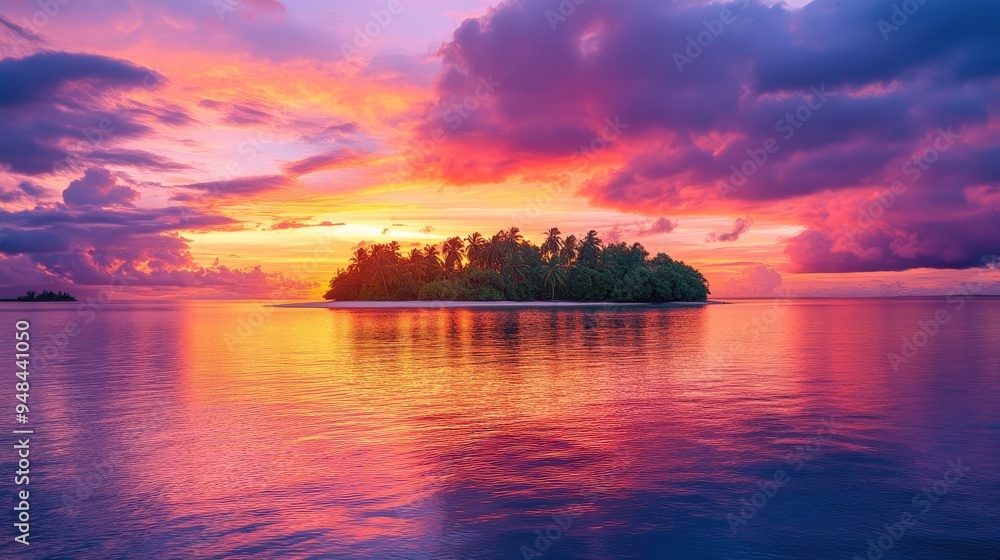 Wall mural breathtaking tropical sunset over a secluded island, with vibrant hues of orange and pink reflecting