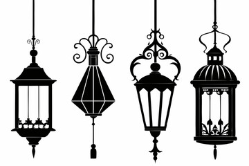 Vintage hanging light vector, Arabic lamp, lanterns silhouette illustration