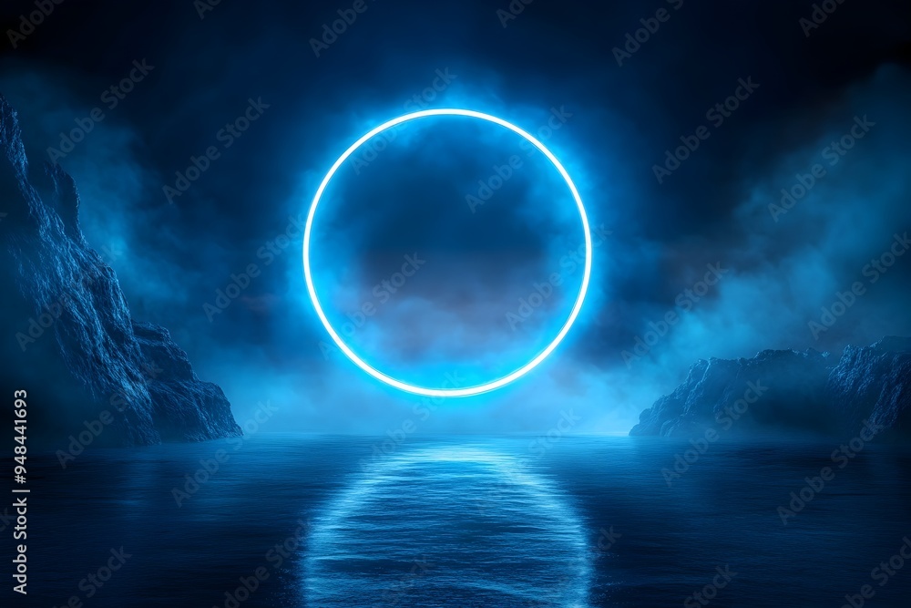 Aufkleber glowing cosmic portal stone gate with reflective neon light effect on moody surreal landscape abstra