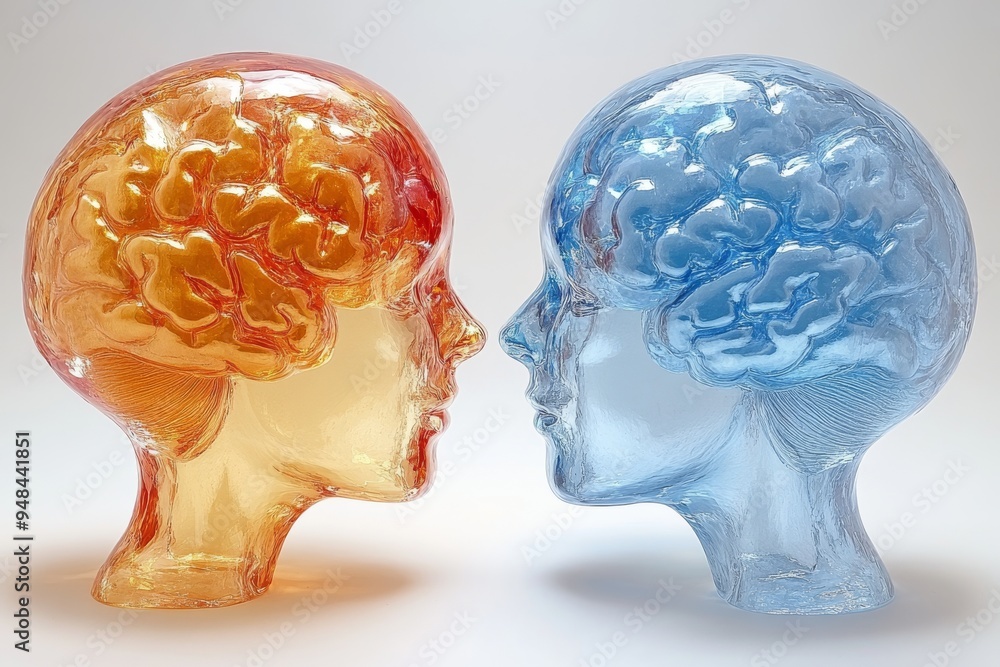 Poster abstract digital illustration of two faces with transparent brains symbolizing the clear intellectua