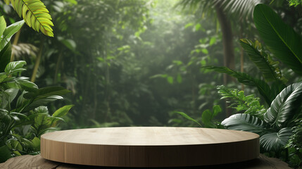 Drewniany podium w sercu tropikalnego lasu, przygotowany do prezentacji produktów. 