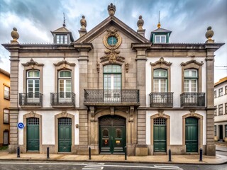 Fototapeta premium Facade of a bank agency in Vila Nova de Famalicao, Portugal, featuring a prominent financial institution's logo and emblem on a gray winter day.