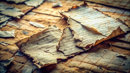 Faded, torn, and worn, a layer of aged paper reveals a cracked, peeling surface with fragments of forgotten memories and stories slowly disintegrating away.
