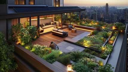 Obraz premium Lush rooftop garden with a variety of edible plants, cozy seating area, and solar-powered lights, creating a sustainable urban sanctuary.