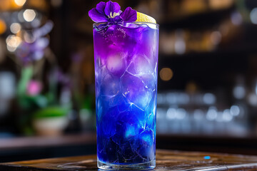 Transformative galactic glimmer drink served with lemon juice in a vibrant cocktail bar