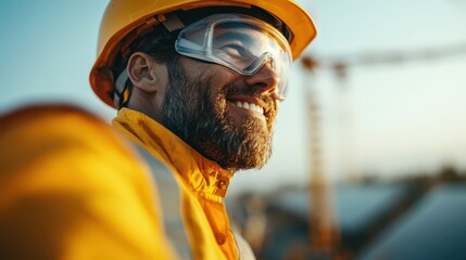 A side profile of a construction worker in a bright yellow jacket and hard hat looking forward thoughtfully, with a blurred industrial background, signifying focus.