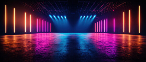 Futuristic neon-lit empty warehouse with colorful lights and reflections creating a vibrant, modern ambiance and dramatic atmosphere.