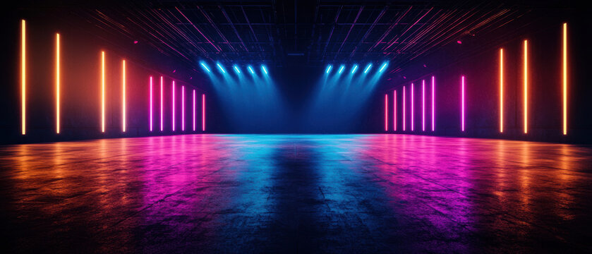 Futuristic neon-lit empty warehouse with colorful lights and reflections creating a vibrant, modern ambiance and dramatic atmosphere.
