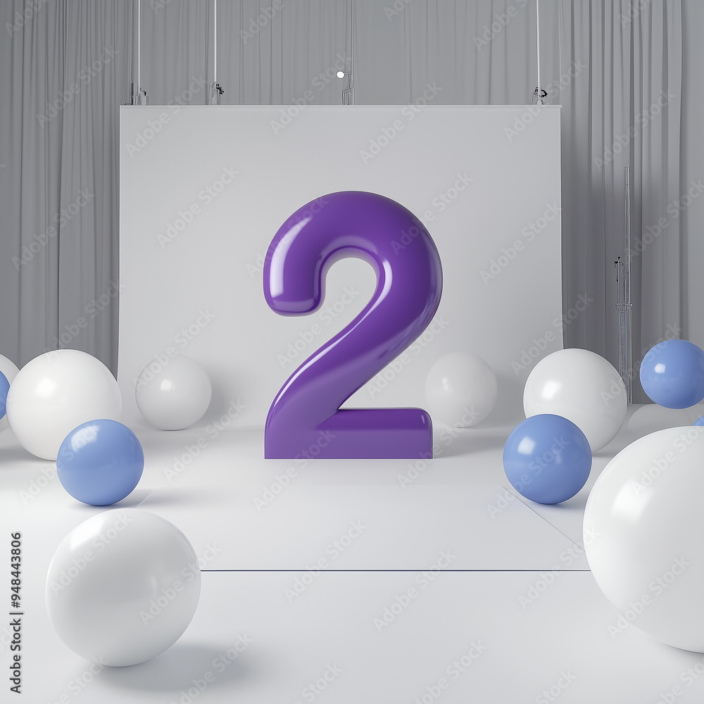 Aufkleber a playful studio setup featuring a large purple number two amidst floating balls