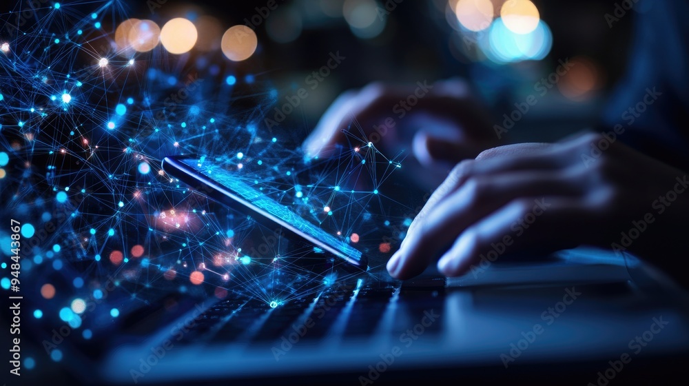 Poster Close-up of hands using a mobile device and laptop, with a background of digital connections and big data