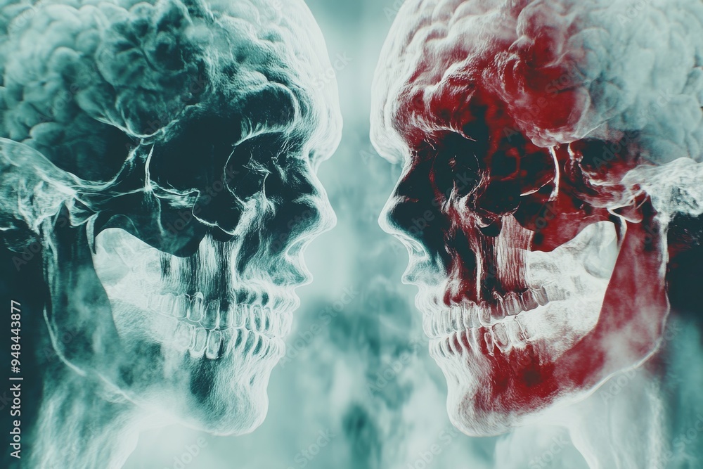 Poster futuristic digital illustration of two figures with glowing neural connections symbolizing the share
