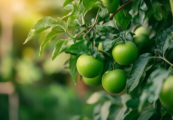 A green apple ripening on the branch, with a glossy surface and refreshing color. Its unpicked state highlights natural growth and freshness, hinting at a crisp, slightly tart flavor and a connection 