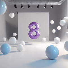 Floating purple eight ball surrounded by white and blue balls in a serene studio setting
