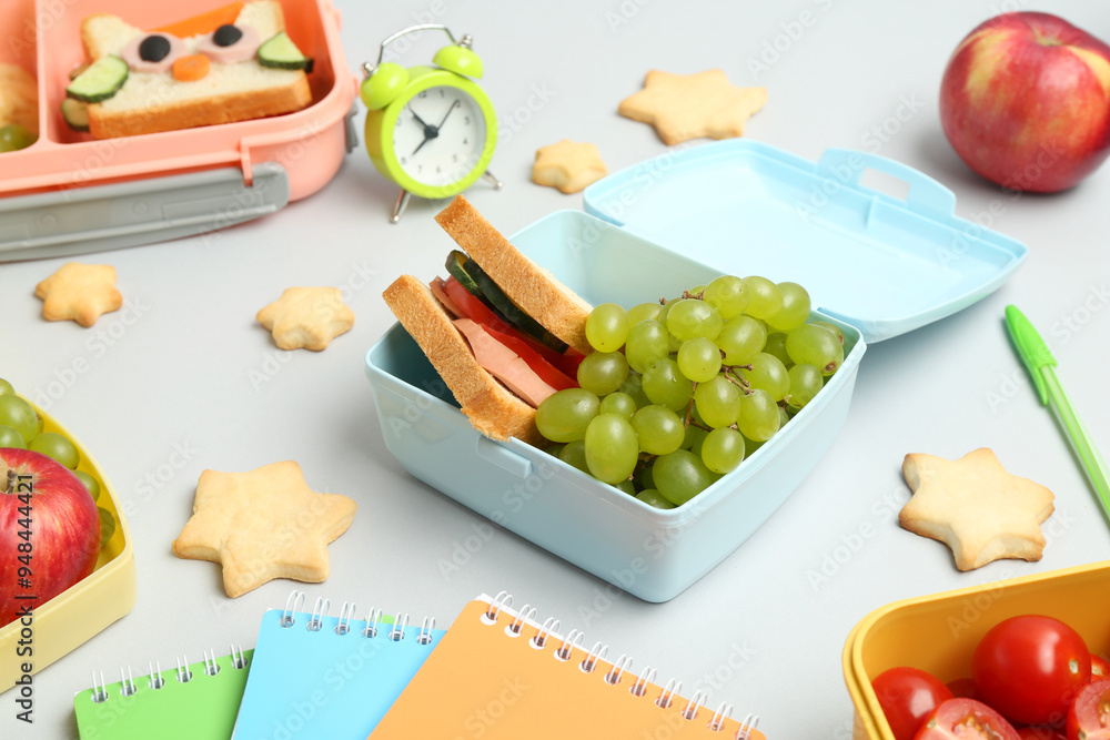 Sticker Lunch box with snacks, alarm clock and stationery on white table