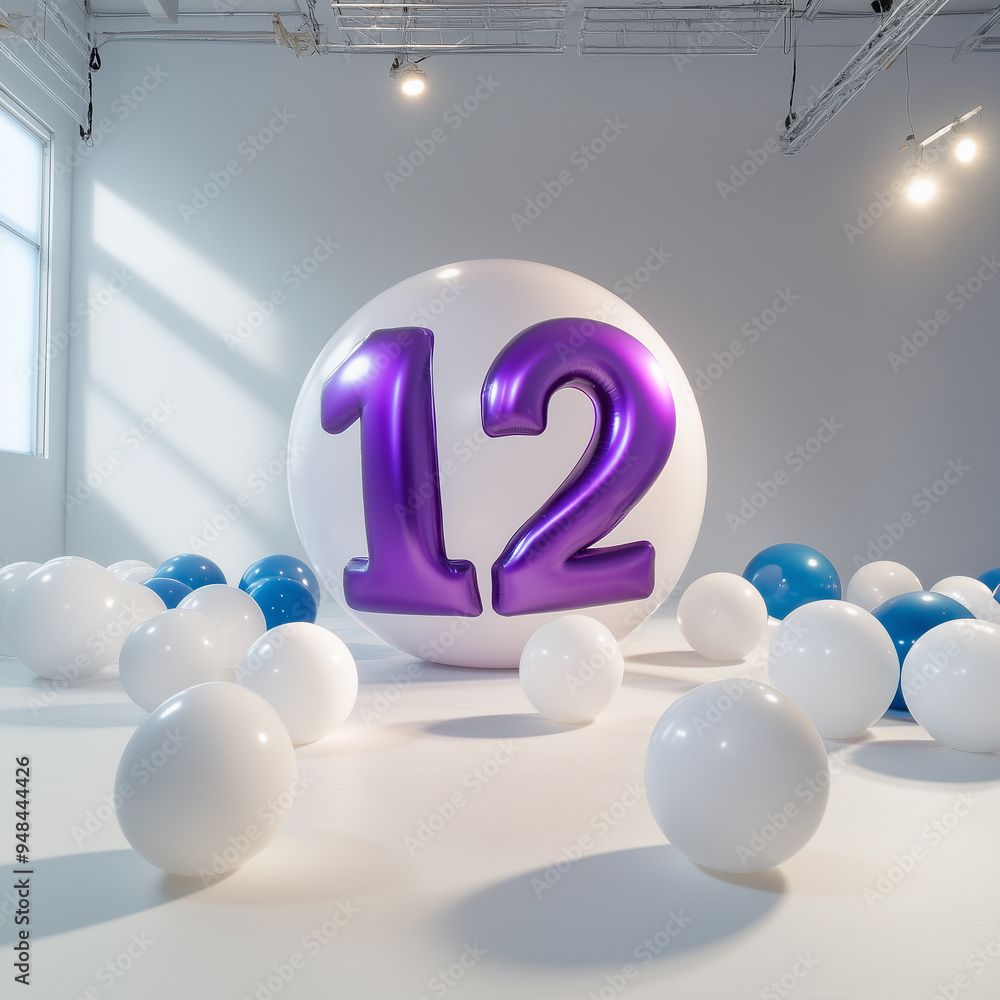 Aufkleber a playful arrangement of floating balls in a clean studio with a large purple number twelve