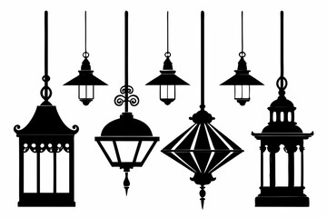 Vintage hanging light vector, Arabic lamp, lanterns silhouette illustration