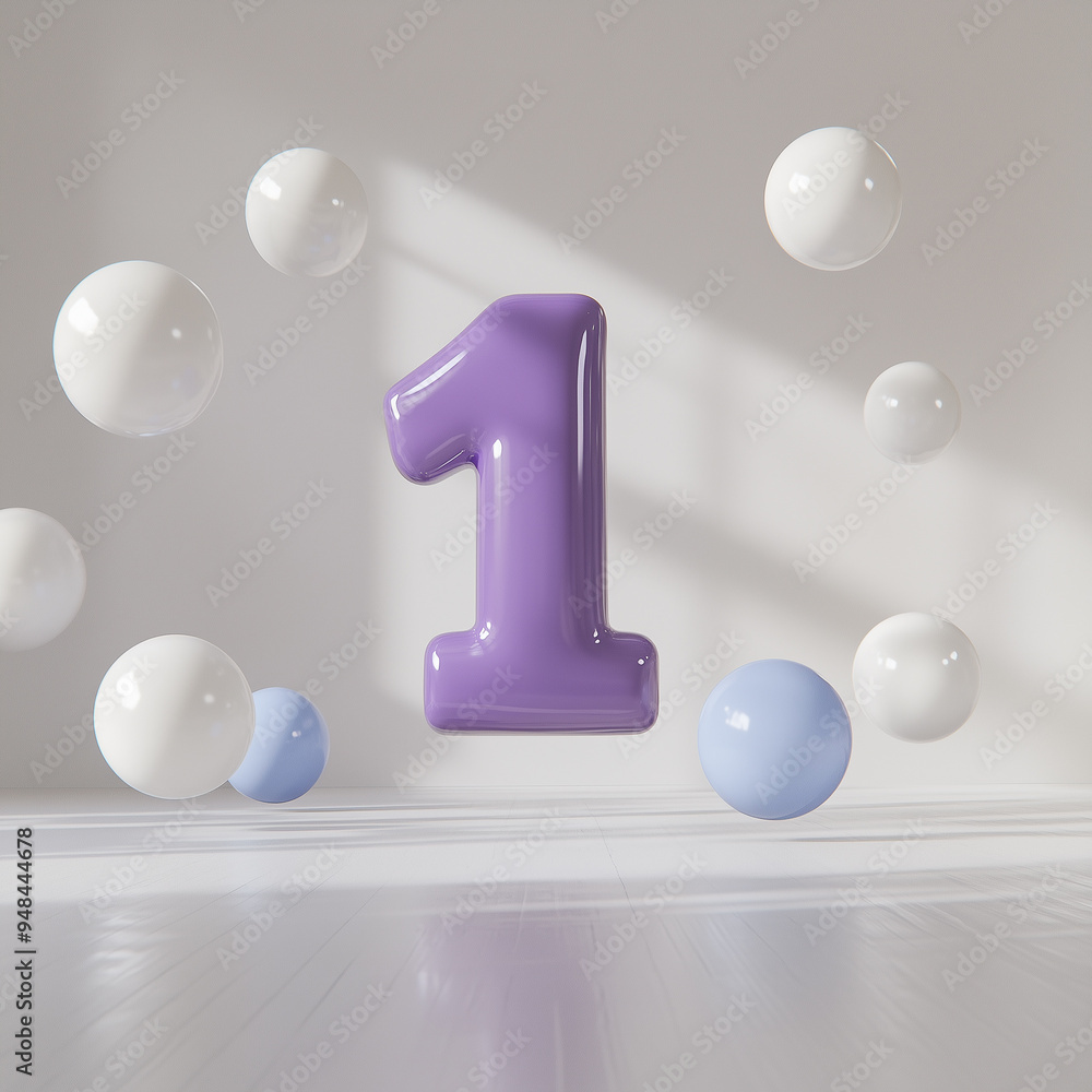Aufkleber a whimsical studio with floating purple and glossy balls in a minimalist setting