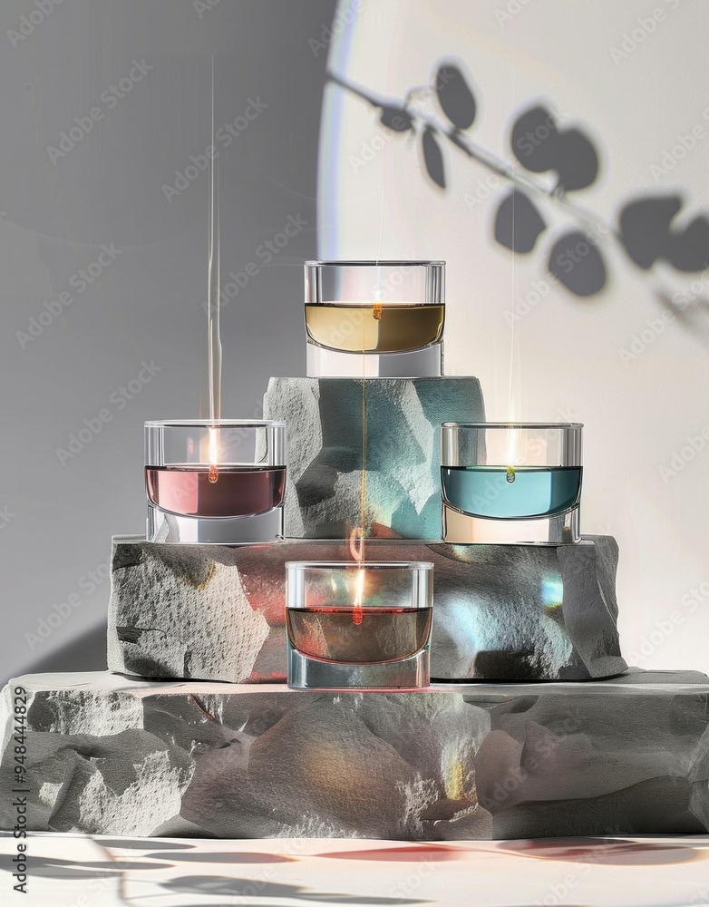 Poster a serene arrangement of colored candles on textured stone, illuminated by soft light, creating a cal