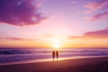 Fototapeta premium A couple walking hand in hand on a sandy beach at sunset surrounded by a vibrant sky crashing waves and a serene dreamy atmosphere The scene evokes a sense of romance tranquility