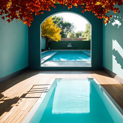 Fototapeta premium Artificial room interior empty swimming pool background, sunlight and shadow room wall, cozy summer warm room with sunlight shadow and leaves.