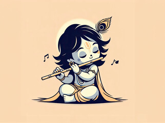 Illustration of little Krishna playing the flute, minimalism