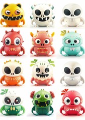 Obraz premium Collection of 12 cute and funny 3D cartoon monster characters with different colors, shapes, and expressions.