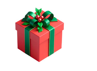 Obraz premium Top view of red Christmas box with green ribbons on white background