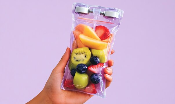 Hand holding a clear plastic bag filled with fresh fruit slices, including peach, kiwi, and strawberry. The bag has a silver seal at the top.