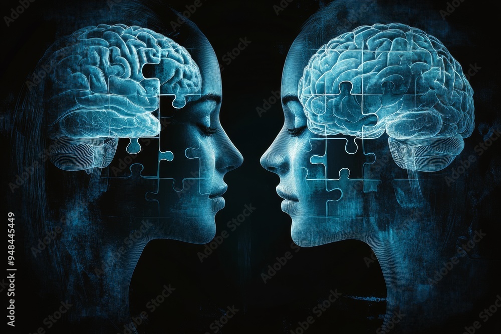 Poster futuristic digital portrait of two faces with puzzle shaped brains symbolizing the intricate process