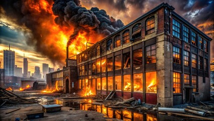 Fototapeta premium Flames engulf a charred and smoldering abandoned warehouse, with broken windows and debris scattered around, amidst a dark and desolate urban cityscape at dusk.