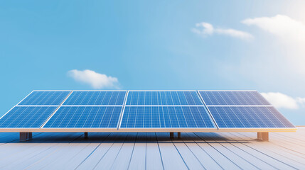 Obraz premium photo of modern solar panels on industrial roof, against blue sky background, low-angle view with copy space. Representation of a close-up of a photovoltaic panel surface,