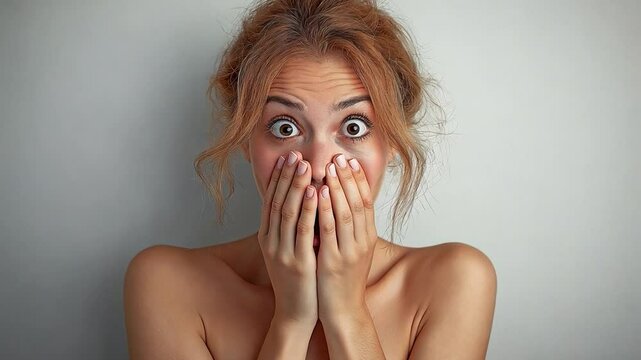 A shocked woman, both hands covering her mouth, is staring at an amazing scene.