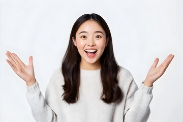 Joyful and Bright Chinese Woman Smiling Against White Background with Uplifted Hands   A Captivating 3D Rendering Showcasing Happiness Enthusiasm and Confidence