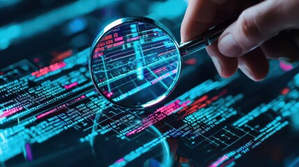 Digital forensic analyst examining encrypted data streams, magnifying glass in hand, holographic display, forensics, cybercrime investigation