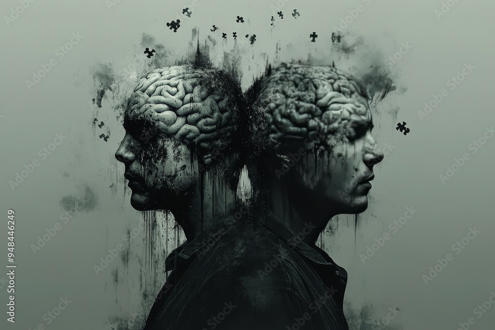 Poster abstract monochrome illustration of two faces merging with neural elements symbolizing the fusion of