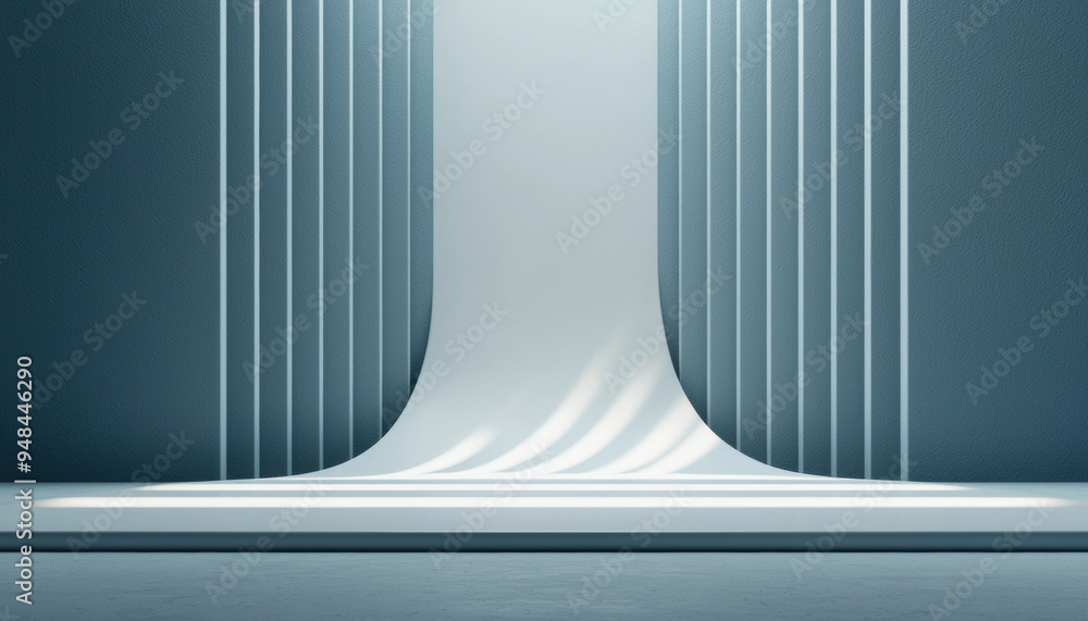 Poster minimalist stage with soft lighting and white curtains cascading down, creating a modern and elegant