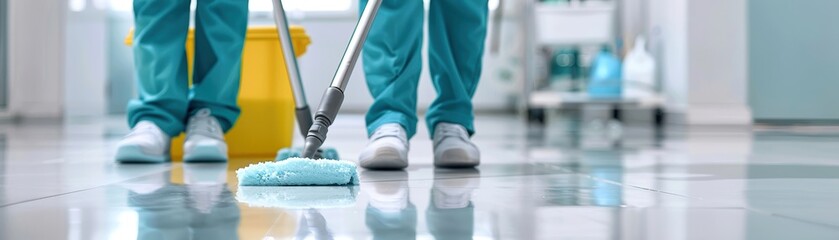 Cleaning staff mopping shiny floor in a hospital hallway, ensuring hygiene and cleanliness in healthcare environment.