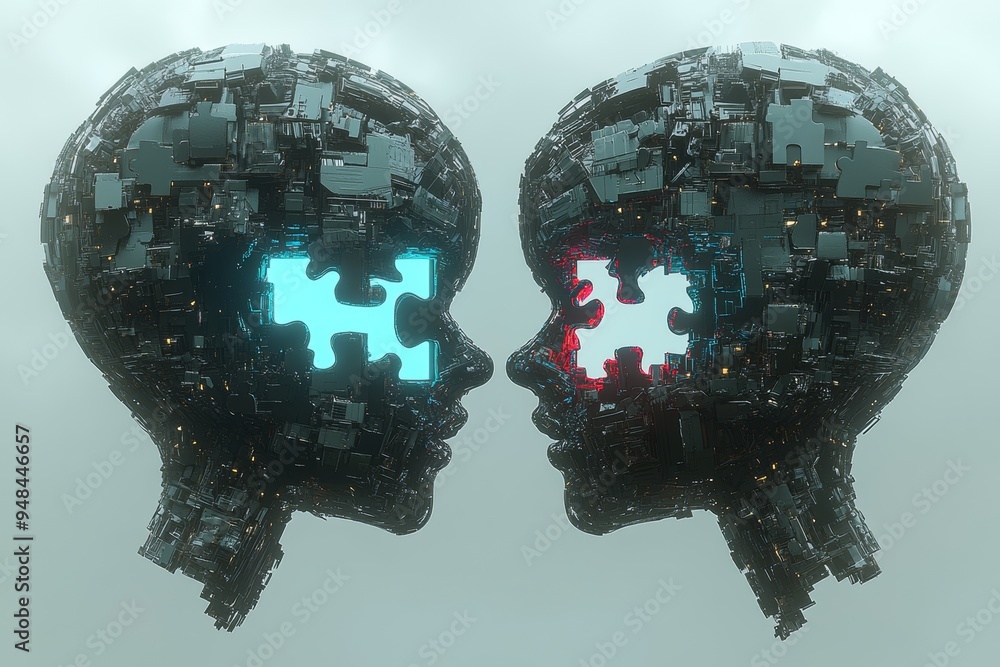 Poster futuristic digital illustration of two faces with puzzle shaped brains symbolizing the intricate pro