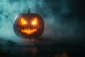 A glowing jack-o'-lantern with a frightful grin amidst dark fog for Halloween night
