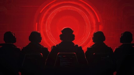 Cybersecurity team monitoring a digital battlefield of network defense, cybersecurity, real-time defense operations