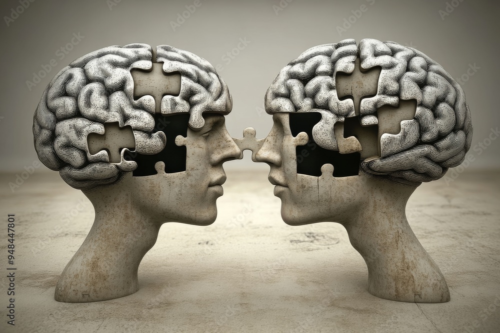 Poster monochrome digital sculpture of two faces with puzzle shaped brains symbolizing the intricate proces