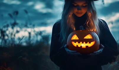 Naklejka premium Mysterious Halloween Witch Holding a Glowing Jack-o'-Lantern Pumpkin in Dark Enchanted Forest with Smoky Atmosphere and Bokeh Lights