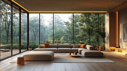 Serene Minimalism: Embracing Nature's Tranquility - A modern living room bathed in warm sunlight, featuring floor-to-ceiling windows that frame a lush green forest, exuding peace and serenity. 