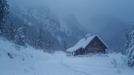 Winter's Fury: Snowstorm Swirling Around Isolated Mountain Cabin