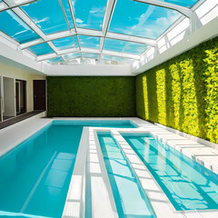 Obraz premium Artificial room interior empty swimming pool background, sunlight and shadow room wall, cozy summer warm room with sunlight shadow and leaves.