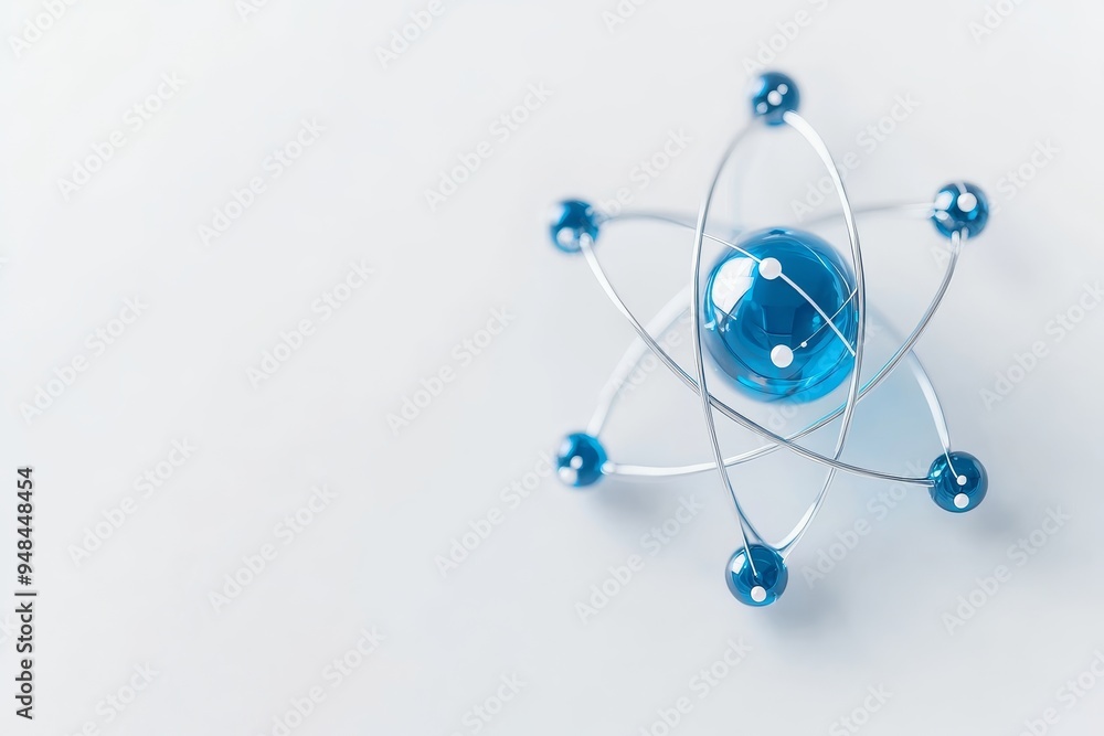 Aufkleber a blue atom model with orbiting electrons representing atomic structure on a light surface in a scie
